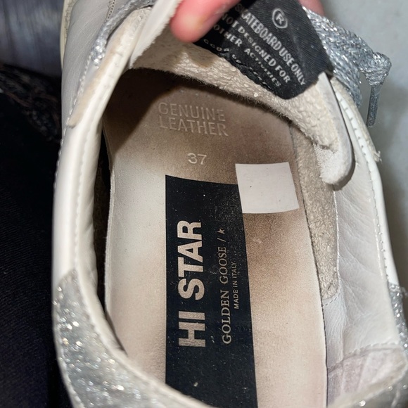 Golden Goose Hi Star Sneakers w/ Leopard Print Calf Hair Star and Glitter Heel - Picture 5 of 8